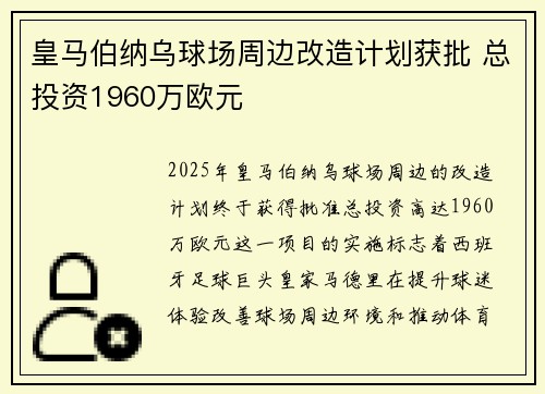 皇马伯纳乌球场周边改造计划获批 总投资1960万欧元