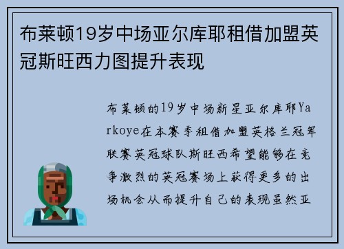 布莱顿19岁中场亚尔库耶租借加盟英冠斯旺西力图提升表现 布莱顿19岁中场亚尔库耶租借加盟英冠斯旺西力图提升表现