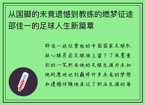 从国脚的未竟遗憾到教练的燃梦征途邵佳一的足球人生新篇章 从国脚的未竟遗憾到教练的燃梦征途邵佳一的足球人生新篇章